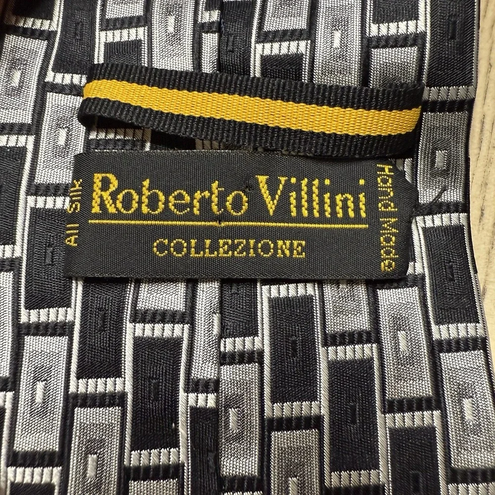 Roberto‎ Villini Silver Black Geometric Rectangle Pattern 100% Silk Tie